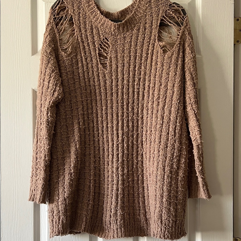 Hot & Delicious Brown Distressed Crew Neck Sweater